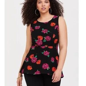 Torrid Black Sleeveless Floral Ponte Hi-Lo Peplum Top Blouse Plus 3X Black Red